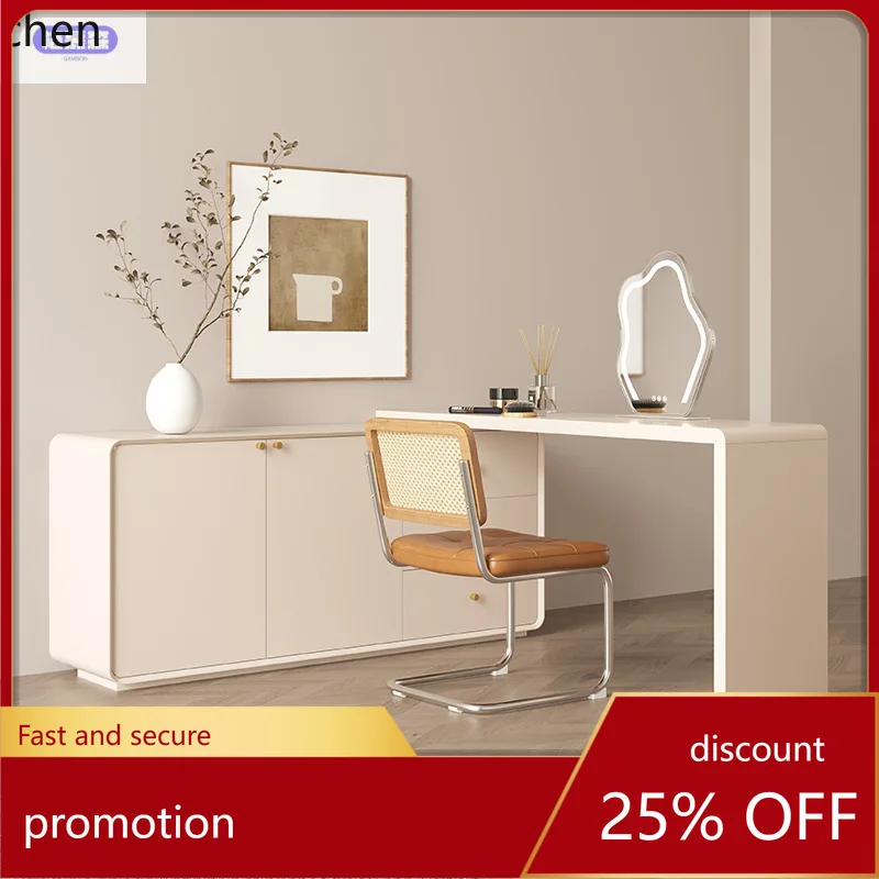 HXL Cream Style Dressing Table Extendable Integrated Solid Wood Minimalist Storage Makeup Mirror Table