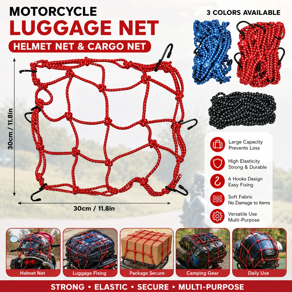 Motorcycle Cargo Net 30x30cm Motorbike Bicycle Elastic Net for Helmet Storage Bungee Fuel Tank Luggage Net with Hooks view 2