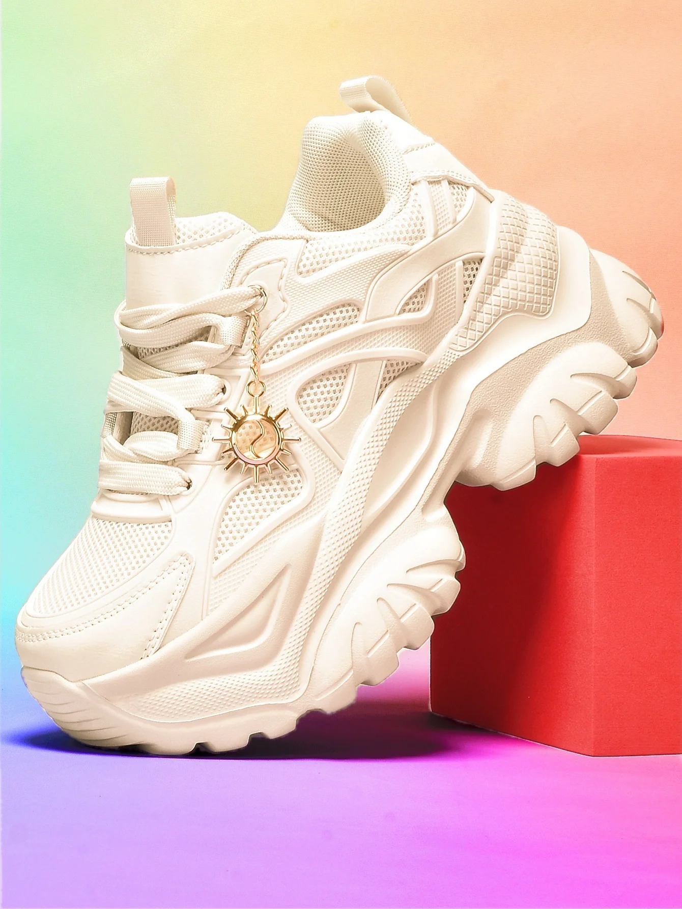 

Women's High-Heeled Shoes with Solid Thick Soles and Heightening 7cm Fashionable Casual Sports Shoes with Gold Sunflower Decorative Pendant Chain Shoe Accessories Trbottomy Versatile Beige Women's Lightweight Comfortable Soft Sole Shock-Absorbing Non-Slip