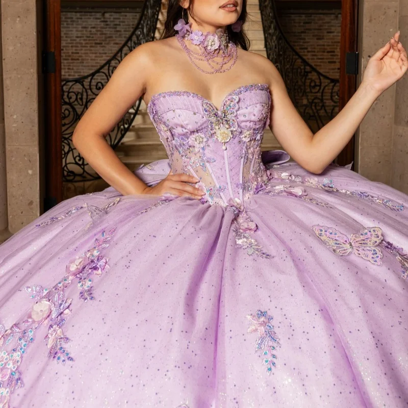 

Shiny Purple Quinceanera Dresses Off the Shoulder Glitter Decal 3D Flower Long tail Bow Vestido De 15 Quinceanera Customize