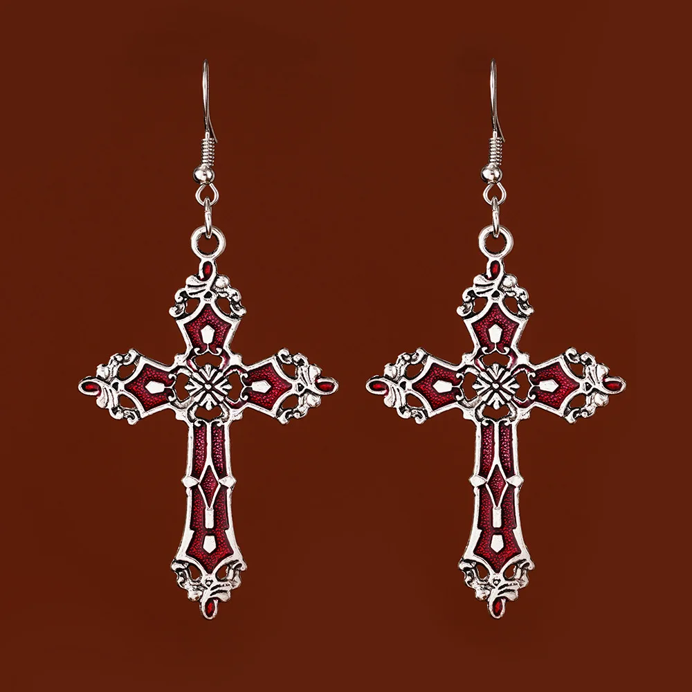 

Y2k Grunge Crosses Dangle Earrings Gothic Vine Vine Flower Cross Drop Women's Jewelry Accessories Large Red/Black Party Gift