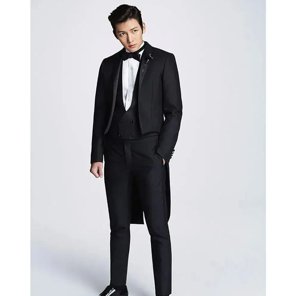 Elegant Black Italian Tailcoat Men Suit Peak Lapel 3 Pieces(Jacket+Pants+Vest) Male Formal Wedding Party Set