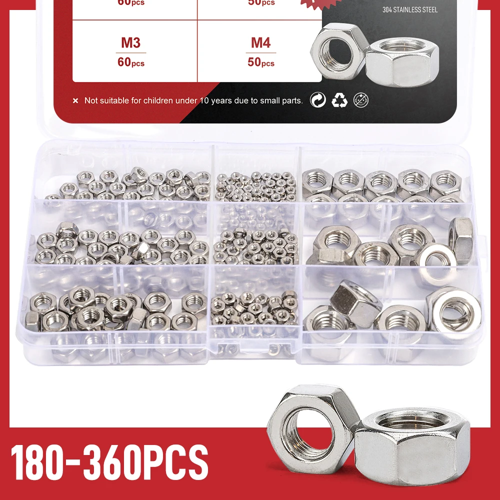 Hex Nuts Assortment Kit 180/210/220/335/360 Pcs DIN934 M1.6 M2 M2.5 M3 M4 M5 M6 M8 M10 M12 304 Stainless Steel Hexagon Nut Set