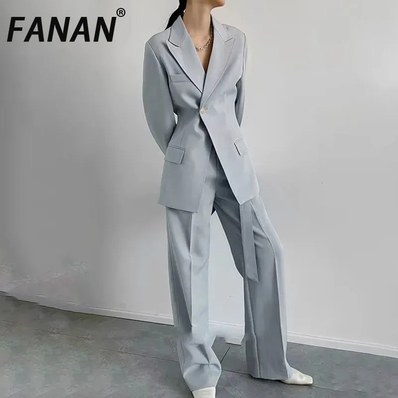 

FANAN Elegant 2 Piece Set Women's Single Button Gathered Waist Blazers+high Waist Straight Wide Leg Pants Female 2025 New Autumn