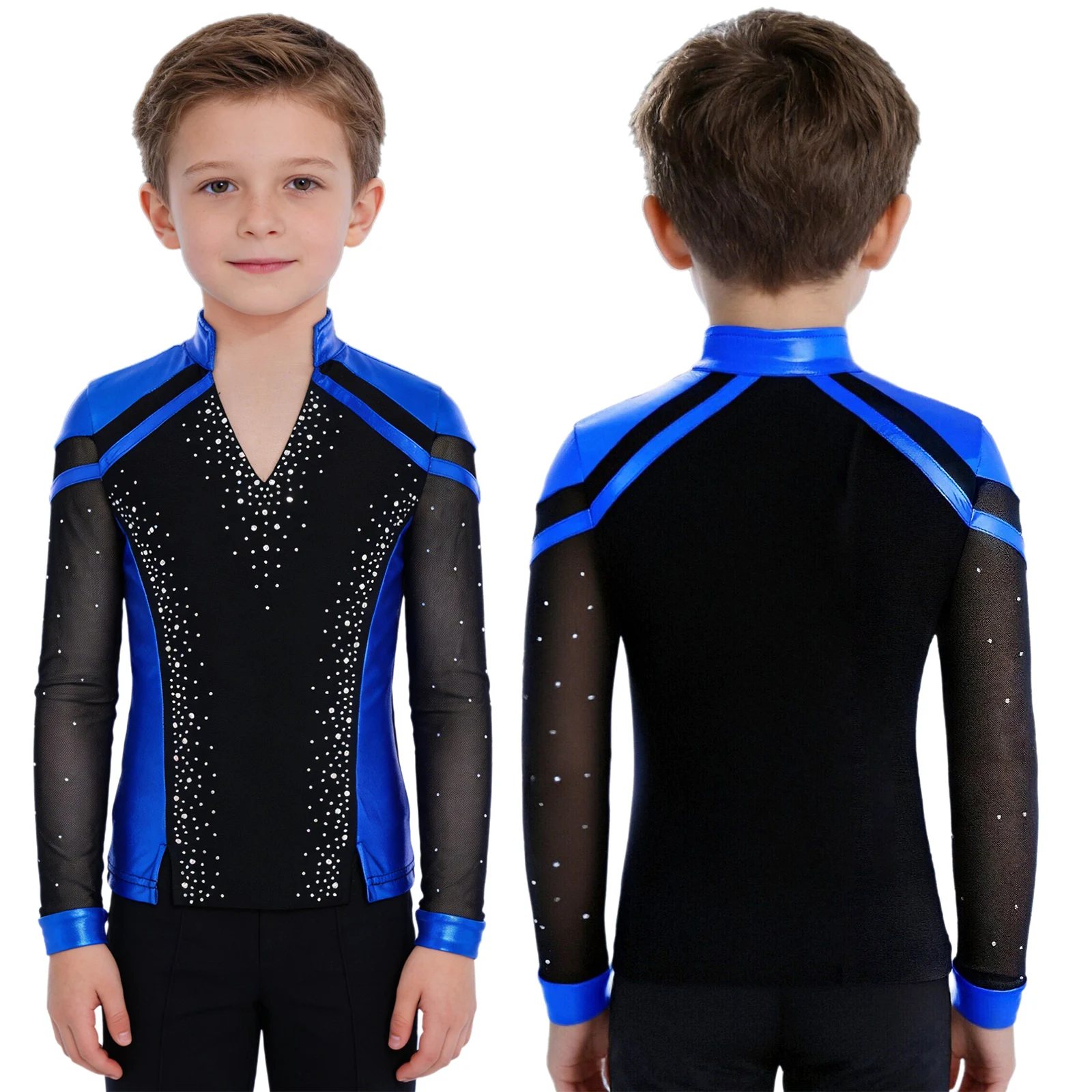 Kind Jungen Gymnastik Eiskunstlauf Tanzkostüm Langarm Split Saum Strass Metallic Top Performance Trainingskleidung