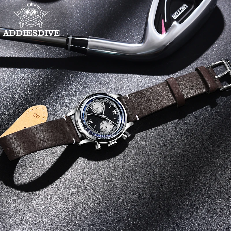 Addiesdive ساعة يد رجالي ريترو كرونوغراف فقاعة مرآة الزجاج VK64 ساعة كوارتز مقاوم للماء 100 متر موضة جلدية ساعة فاخرة