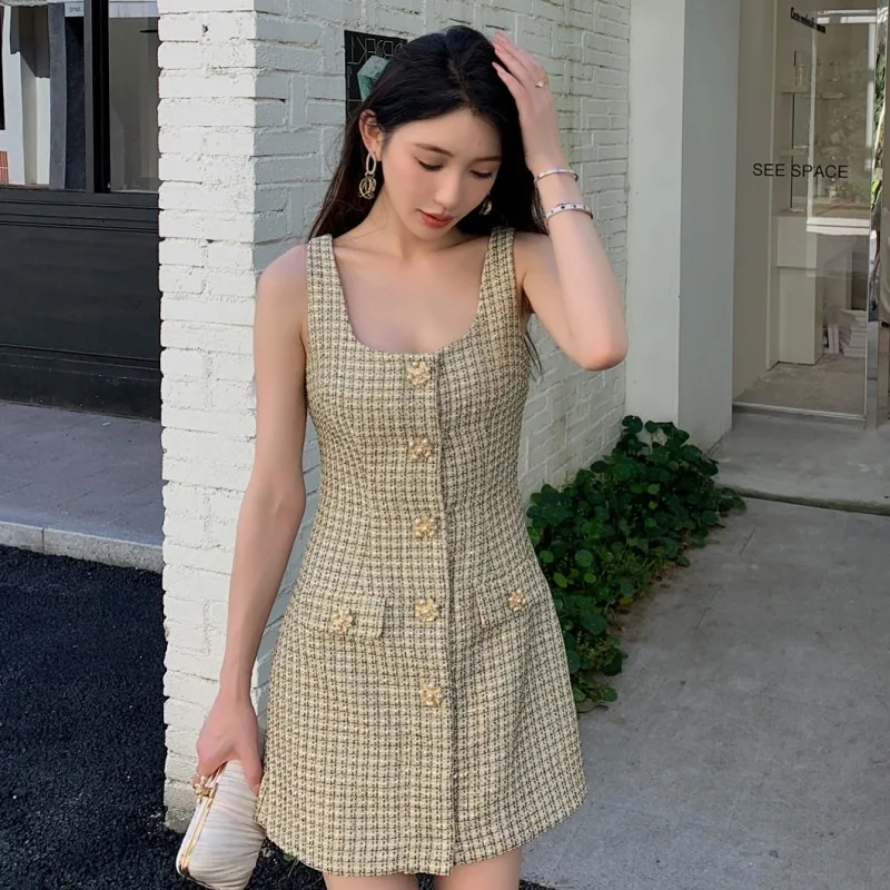 Autumn Winter Plaid Tweed Two Piece Set Women Beaded Jackets Woolen Woven Coats Tank Straps Sundress 2pcs Outfits