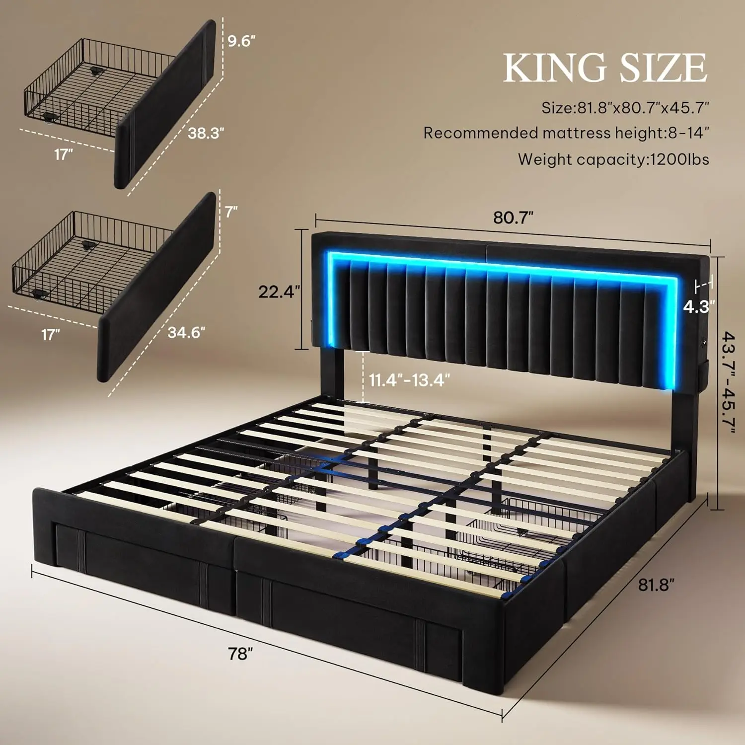 King Size Bed Frame with Velvet Vertical Tufted Upholstered Adjustable Headboard, 4 Storage Drawers, RGB LED Lights and USB Port - view 2