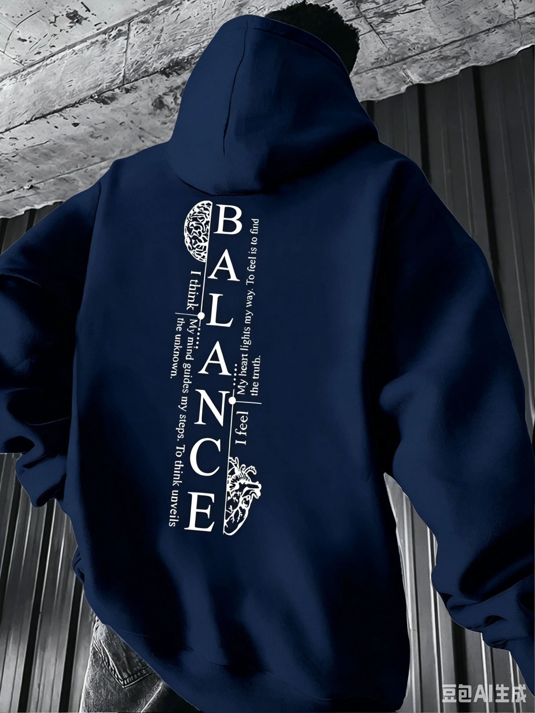 Neuer Hoodie für Herren mit Vertikalem Textdruck 'Balance Brain & Heart', Lässiger Street-Style Pullover für Herbst und Winter, Kapuzen-Sweatshirt – Detail 5