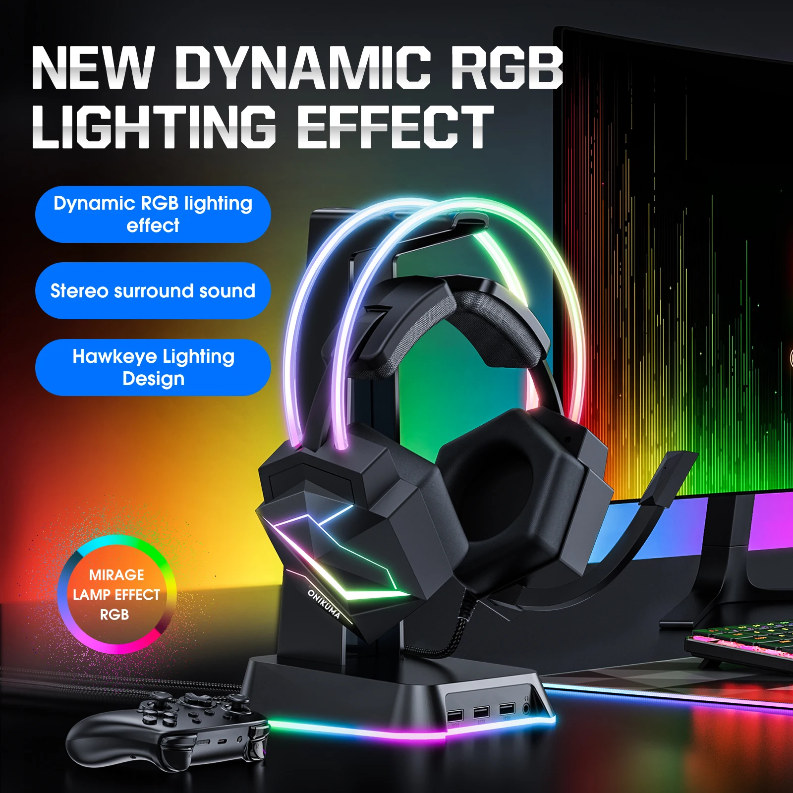 ONIKUMA X20 Gaming Headset with RGB Light Wired Headphones With Mic Bass Surround Over Ear Full Light Earphone for PS5 PC