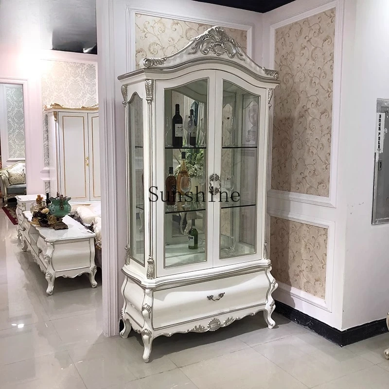 

French court living room solid wood carving flower white high partition foyer double door assembly cabinet