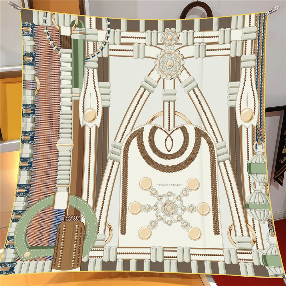 90 سنتيمتر العلامة التجارية الفاخرة وشاح مربع النساء حك الأوشحة الحريرية يلتف شاطئ شال الحجاب كبير باندانا Foulards منديل أغطية الرأس #2