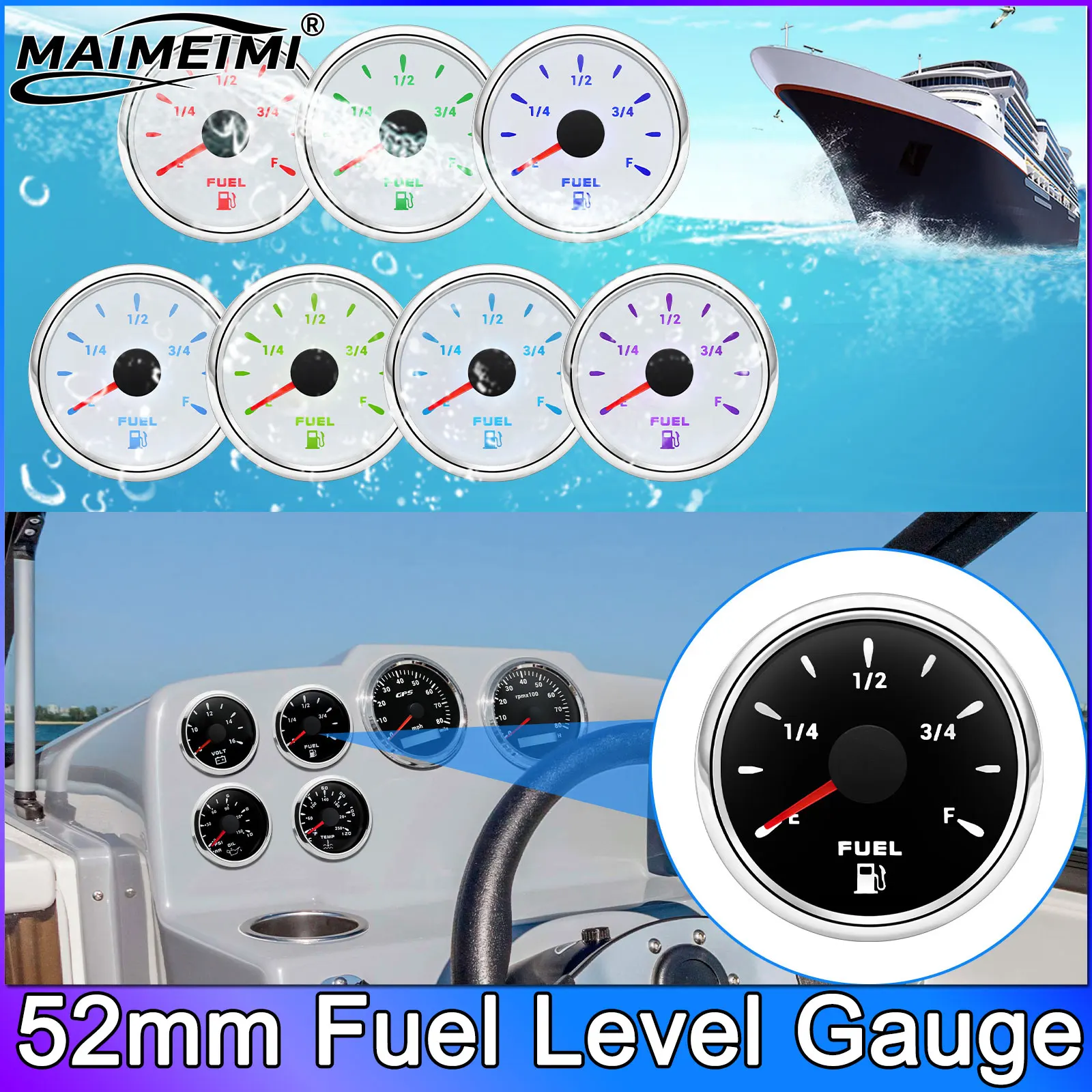 

52MM Fuel Level Indicator Meter Fuel Level Gauge Waterproof with 7 Colors Backlight for Motorcycle Car Boat Marine Truck 12V/24V