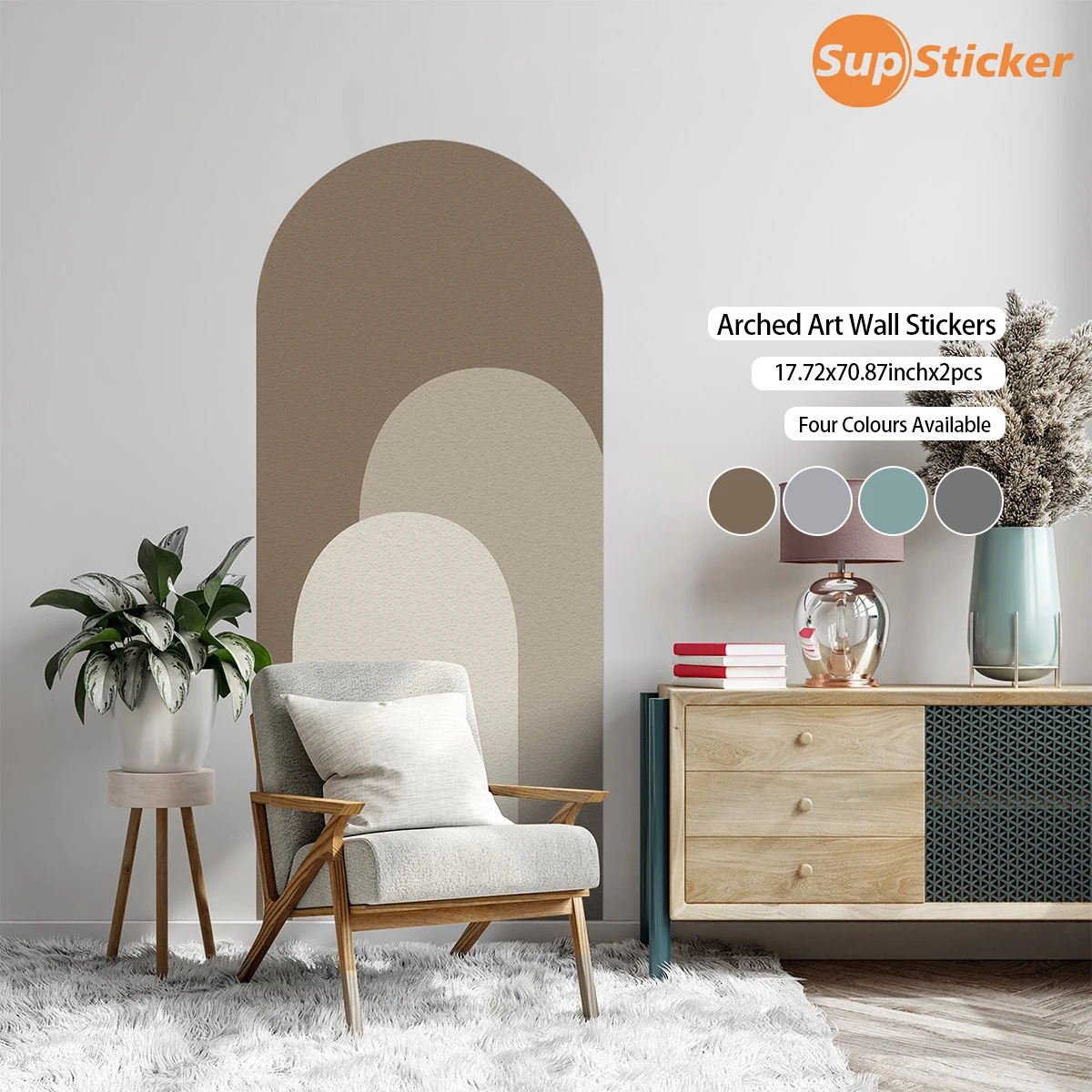 Minimalist Arch-Shaped Geometric Wall Decals, Set of 2 - Self-Adhesive Morandi Colour Scheme Decorative Stickers for Living Room