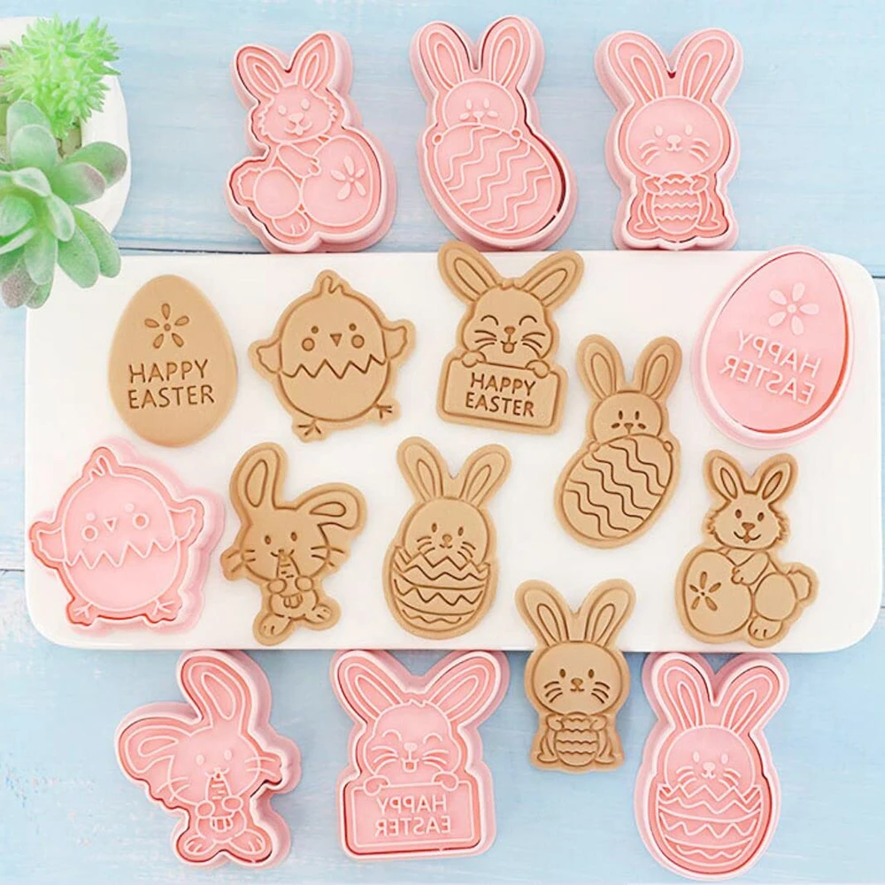 

8Pcs Cute Easter Cookie Stamps Easter Egg Biscuit Cutters Plastic Press Rabbit Baking Mould DIY Cake Party Decoration