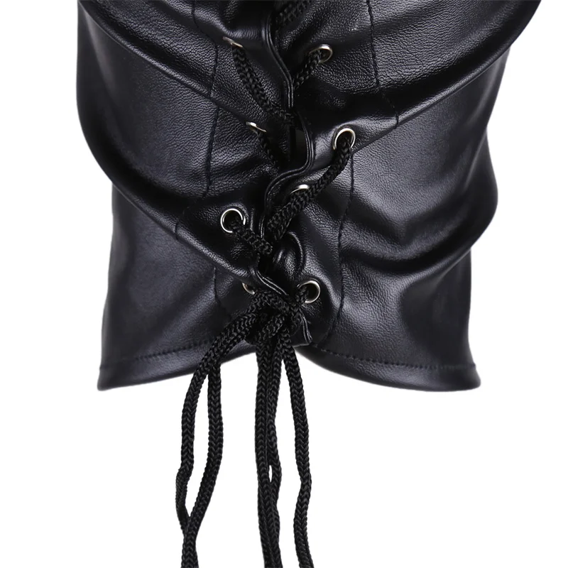 Sexy PU Leather Unisex Cosplay Fetish Face Mask Halloween Drawstring Full Cover Masks Hood for Role Play Exotic Costume Headgear