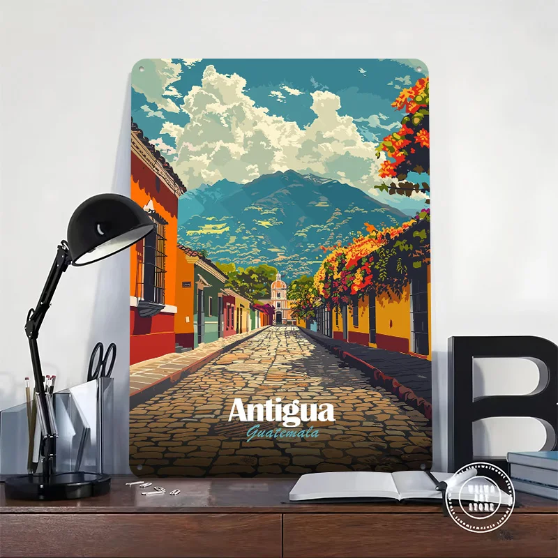 Antigua Guatemala Street View Personalized 3D Textured Metal Poster Wall Art Tinplate Sign for Decoration Room Decor Luxury Home
