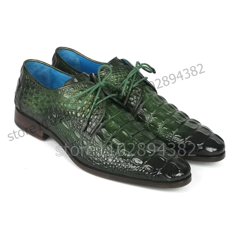 Green Crocodile Fretwork Pattern Men Derby Shoes Fashion Lace up Men Shoes Luxury Handmade Party Banquet Office Men Dress Shoes