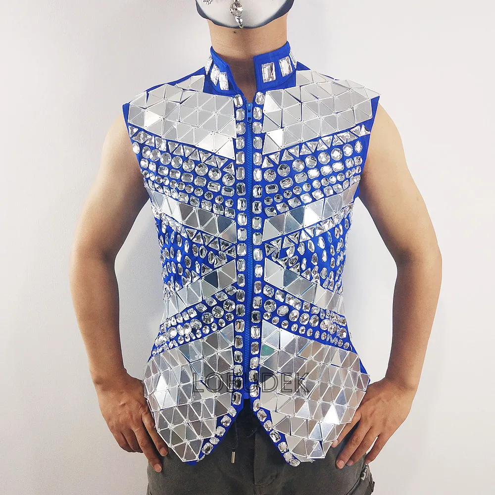 Sparkly Rhinestones Mirror Waistcoat Bar Nightclub Male Singer Stage Crystal Sequins Vest Performance Clothes Drum Dance Coat