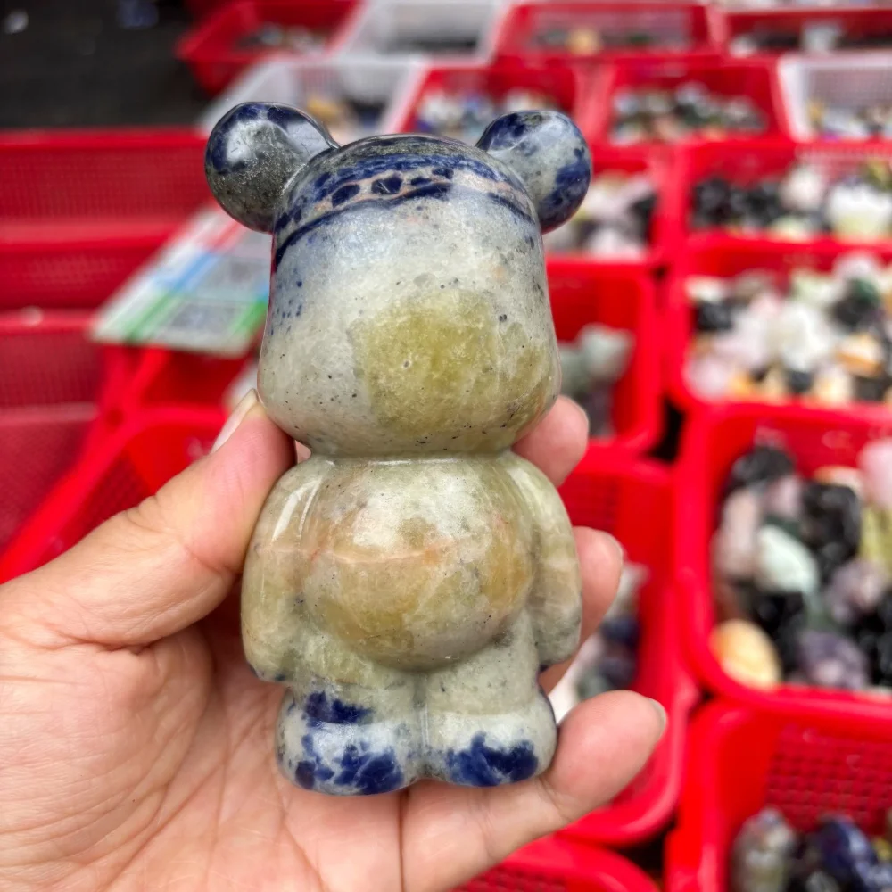 1PCS Natural Quartz with Blue Sodalite Cartoon Bear Carving Polished Reiki Healing Energy Stone for Feng Shui Room Decor & Gift