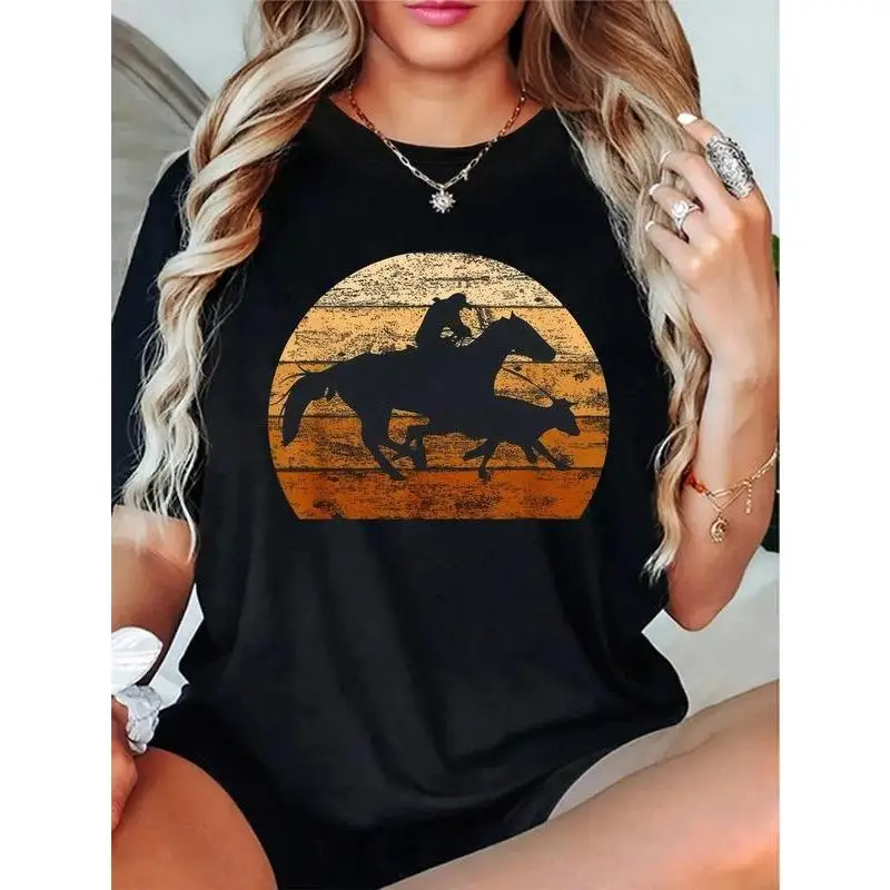 

Vintage Cowboy Horse Riding T-Shirt, Western Sunset Dog Lover Ranch Life Graphic Tee, Unisex Retro Equestrian Gift Top