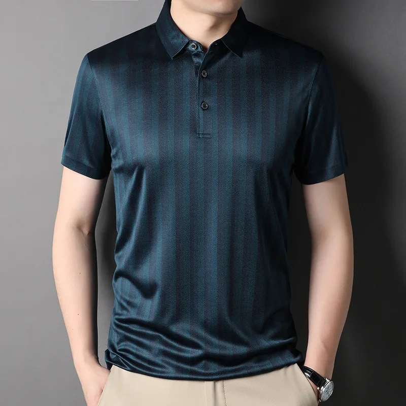 

New Mulberry Silk Summer Mens Polo Shirts High Quality Short Sleeve Vertical Stripe Thin Male Tops Simple Casual Man Tees 3XL