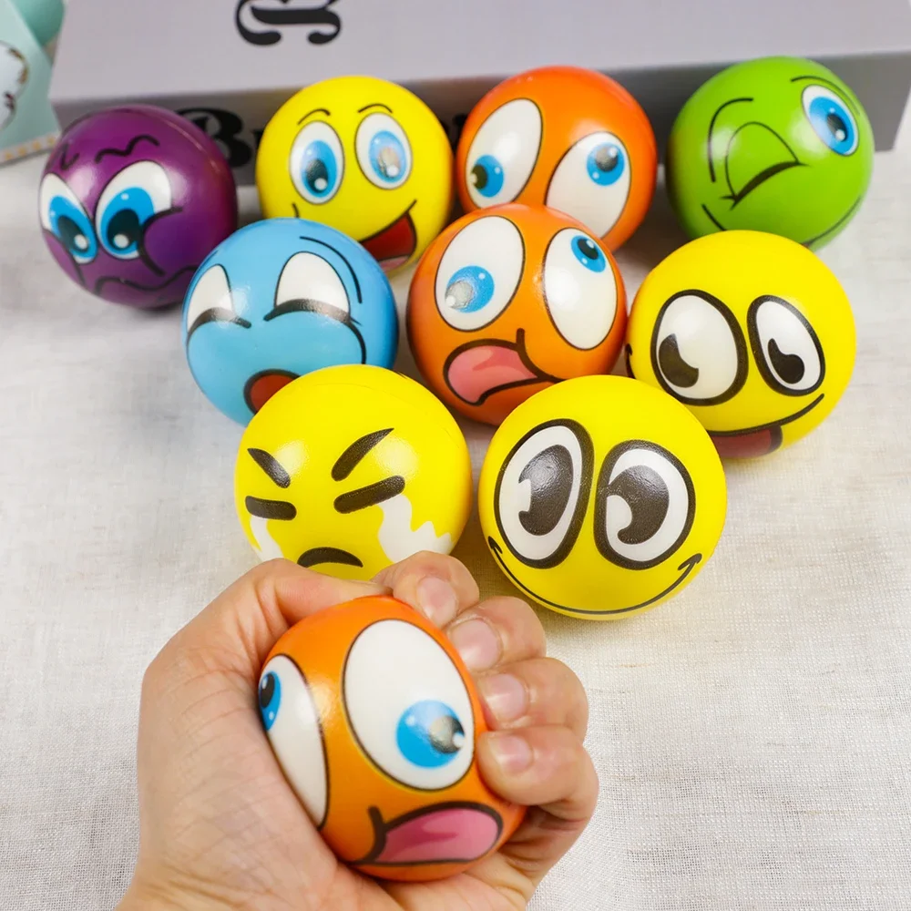 Bola elástica de PU con expresión de dibujos animados para niños, juguete para apretar con liberación de presión, regalo de fiesta de cumpleaños, relleno de piñata, 6 uds.