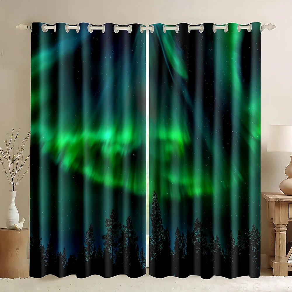 Northern Lights Window Curtain, Purple Green Northern Lights Snow Mountain Reflection Aurora Borealis Forest Blackout Curtains