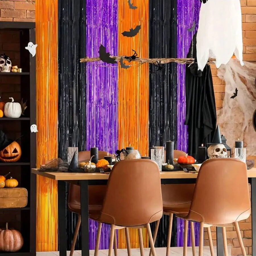Orangefarbene, violette, schwarze Folienfransen-Vorhänge als Foto-Requisiten für Halloween-Partys, Trick-or-Treat-Partys, Tag der Toten-Partys usw. – Detail 5
