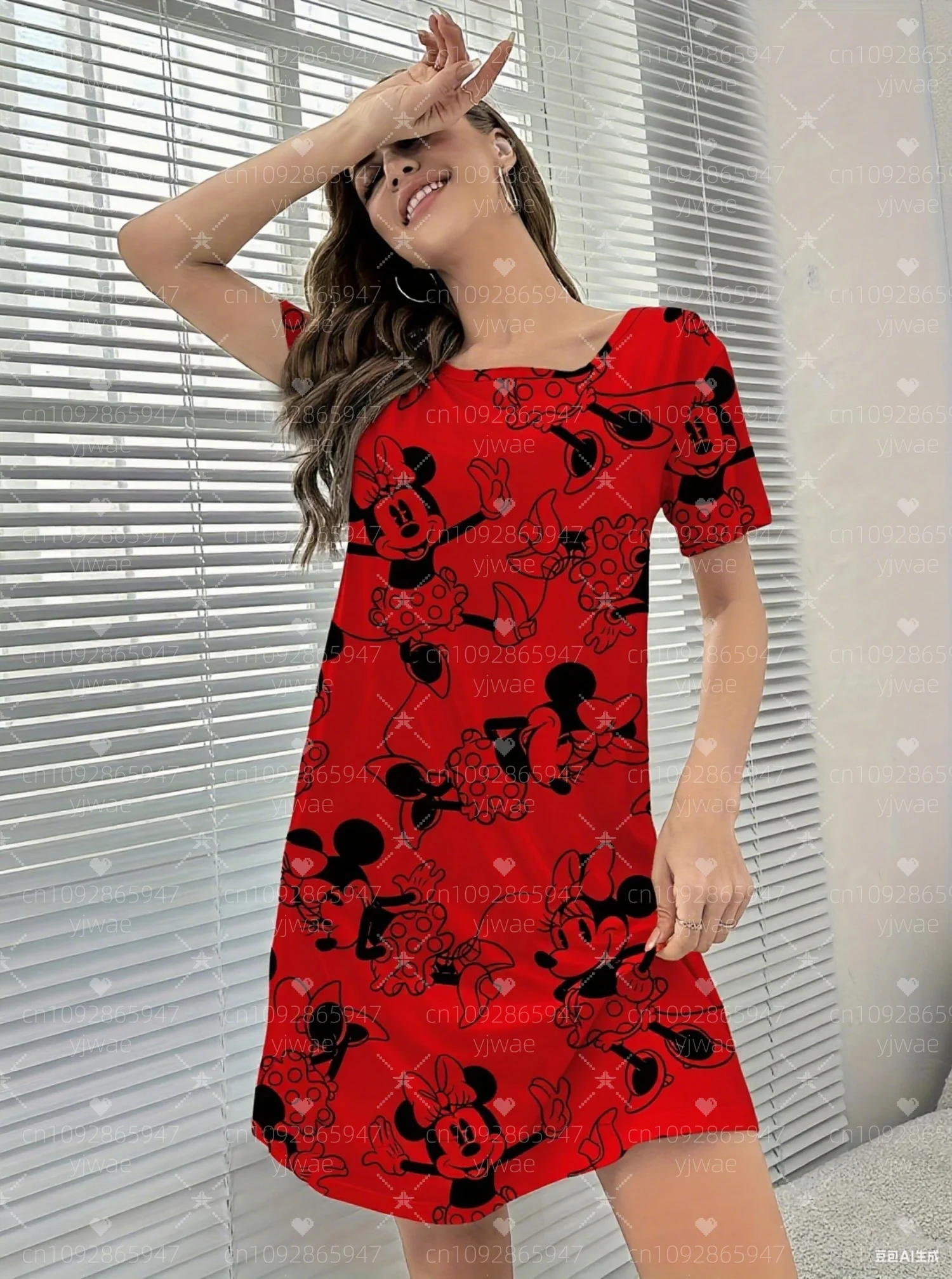 ชุดเดรสเสื้อยืดลายมินนี่เมาส์สำหรับผู้หญิง ฤดูร้อน 2025 ทรงหลวม สบายๆ คอกลม แขนสั้น เสื้อผ้าผู้หญิง