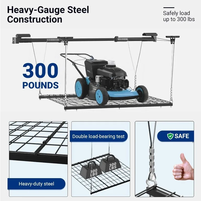 GL1 Overhead Garage Lifting Storage Rack, 4x4 Ft Heavy-Duty Metal Garage Ceiling Rack, Adjustable Organization Syste