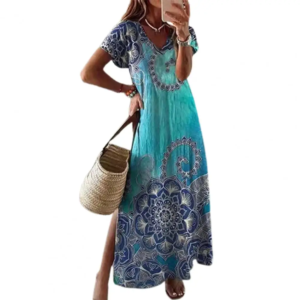 Boho Women Dress Vintage Ethnic Style Dresses Summer Short Sleeve Printed Sexy Split Long Maxi Dress