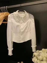 Y2K White Long Sleeve Blouse Women Vintage Loose Korean Diamond Elegant Shirts Temperament Ladies Tops 2024 Blusas Mujer De Moda