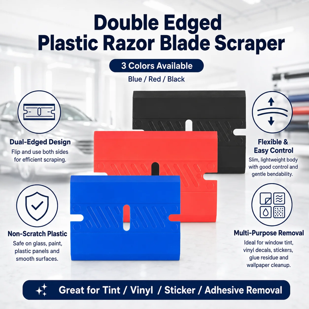 Double-Edged Plastic Razor Blades for Window Tint Glue Removal and Vinyl Wrap Adhesive Residue, Glass Cleaning Car Film Tool
