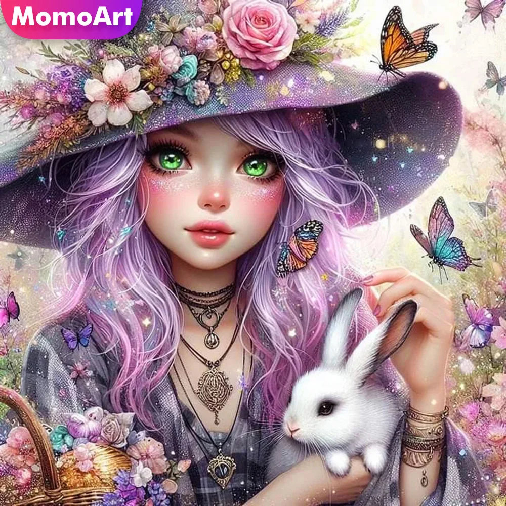Momoart Girl Diamond Painting Portrait Cartoon Full Square Round Diamond Mosaic Rabbit Embroidery Kid Handcraft