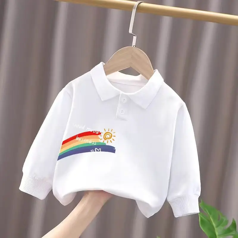 

2023 New Clothes Child Girl Polo-Neck Long Sleeve Spring Autumn Kawaii Solid Color Casual All-match Letter Comfortable T-shirt