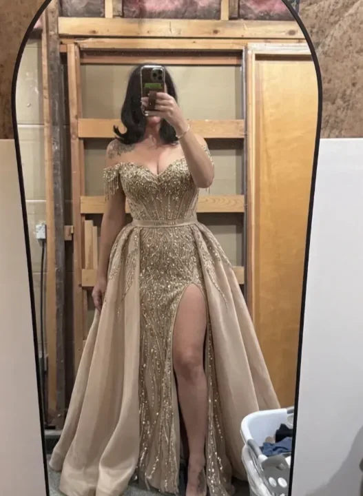 Gold Sequined Evening Dresses with Panel High Split Corset Luxury Beaded Prom Dress Customized Women's Cocktail Party Gowns