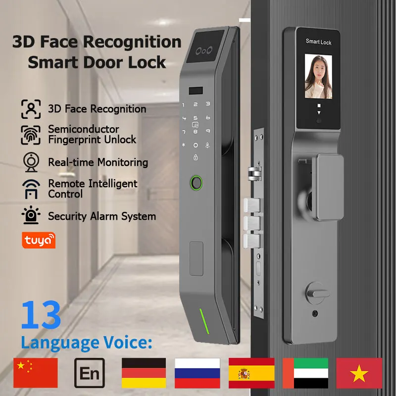 

3D Face Recognition Digital Electronic Lock Fingerprint Password Key Card Tuya APP Unlock Video Intercom With Camera