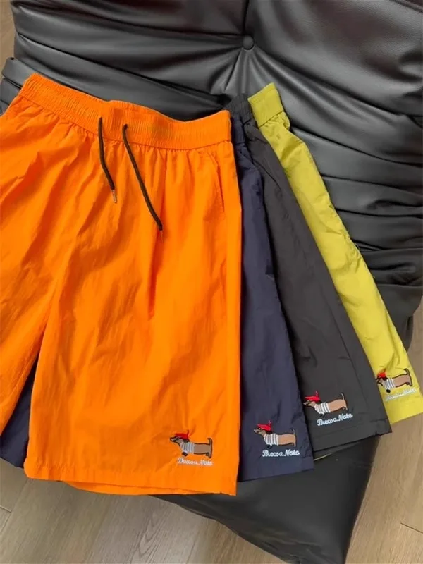 

Ice Silk Embroidered orts Men's Summer Qui Dry Thin Five-Point Casual American Sports Beach Pants Loose Fit Straight Leg