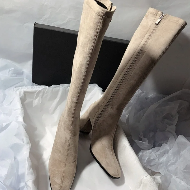 Autumn Winter Slimming Flock Knight Boots Women's Minimalist Fashion Square Head Coarse Following 7CM Side Zipper Long Booties