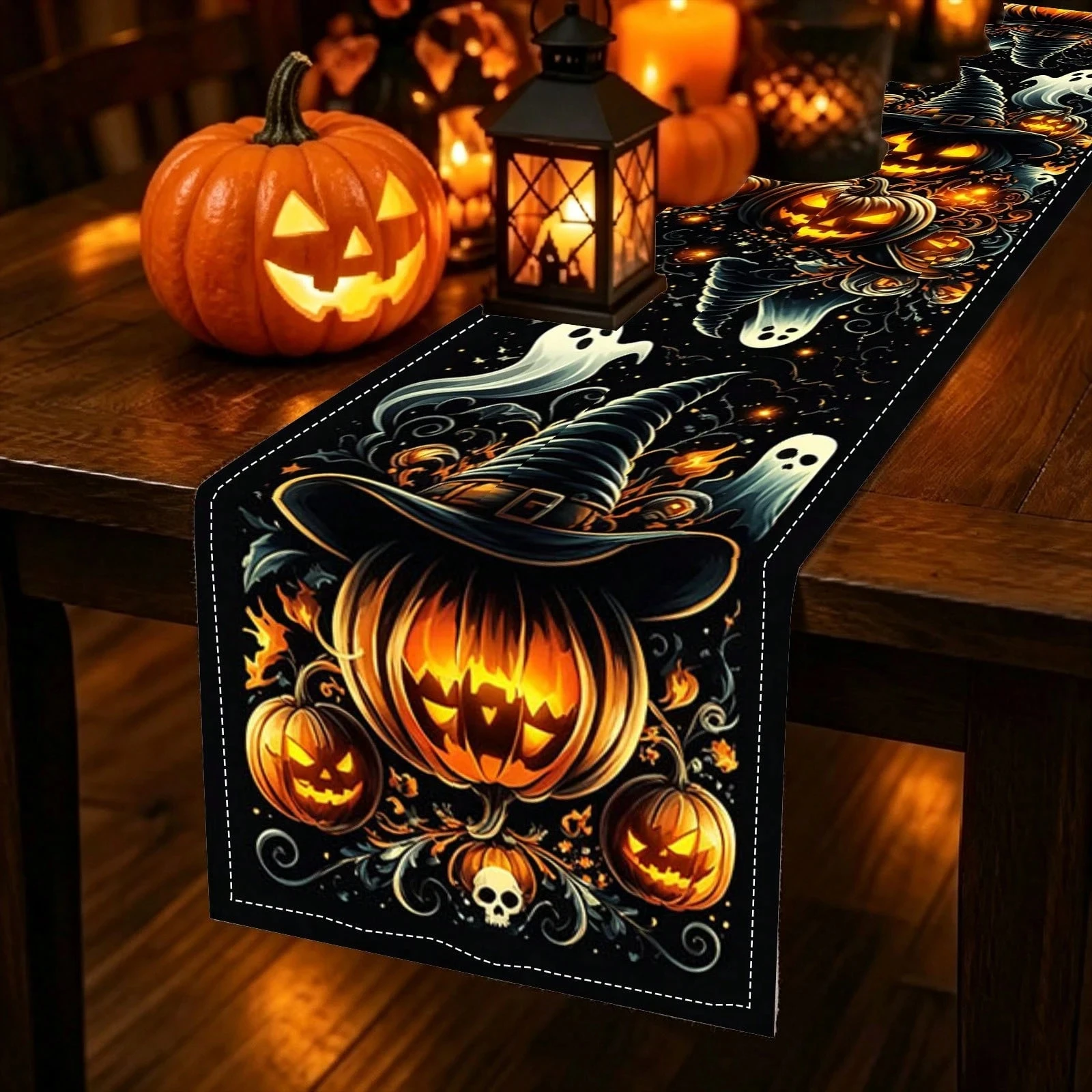 1pc Halloween Pumpkin Ghost Witch Hat Bat Print Multi‑Size Table Runner for Dining Table Kitchen Living Room Holiday Party Home