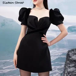 Square Neck Women Dress Black Summer Autumn Puff Sleeve Cross Criss Mini Dress Bodycon Elegant Vintage Clothing XL