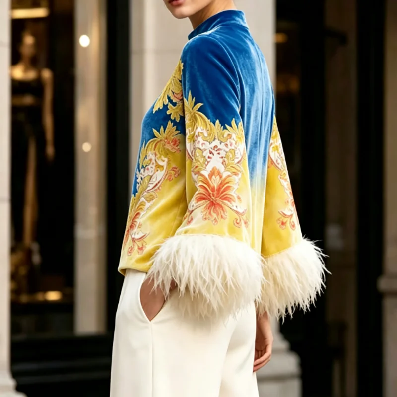 Fashion O-neck Contrast Color Commute T-shirt Elegant Floral Print Women's Tops High-end Velvet Long Sleeve Feather Spliced Tops