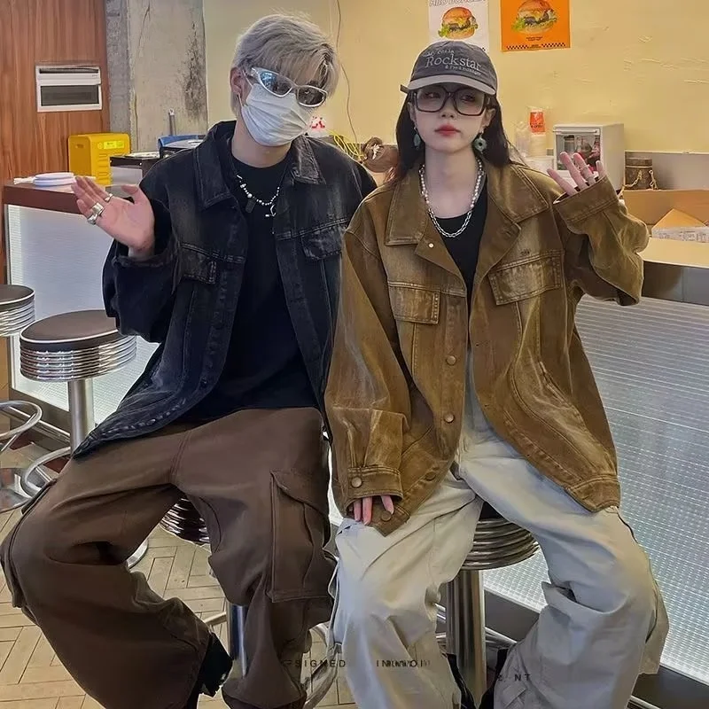 

Retro Distred Denim Jaet Men's adient Tie Dye Loose Couple Jaets Autumn Winter Large Size 250 Pou American Sle