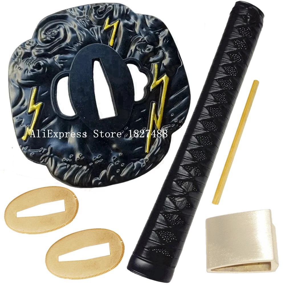 Black Leather Ito Handle Katana Tsuka Japanese Samurai Sword Guard Fully Fittings Set Tsuba+Menuki+Fuchi+Kashira+Habaki+Seppa