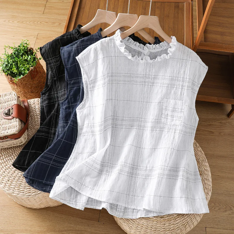 Women T Shirts Tops Plaid Tees Button Sleeveless Ruffled Neck Single Breasted None Strech Loose Streetwear Casual 2026 Summer