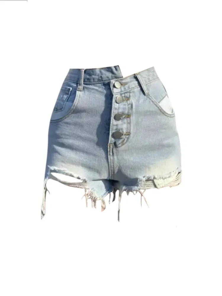 

Korean Fashion Blue Denim Shorts Ripped Hole High Waist Jeans Short Tassels Raw Edge Hot Pants Streetwear High Quality Vintage