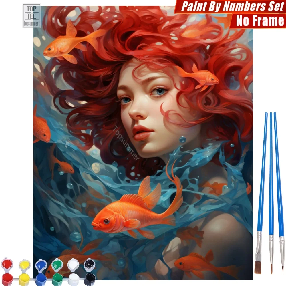 

Underwater Red Woman DIY Paints By Numbers Kit - Swimming Goldfish Flow Living Room Wall Art Day Of The Dead Gift For Mom