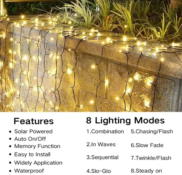 Guirnalda de luces solares para exteriores, iluminación de energía Solar impermeable, 8 modos centelleantes para Navidad, Patio, árbol, jardín, boda