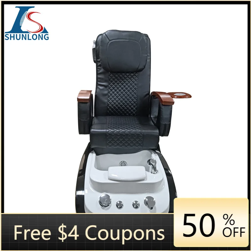 Black Diamond Quilted PU Pedicure Spa Chair, Electric Reclining Foot Massage Chair with Wooden Armrest, Built-in Foot Tub & Cup